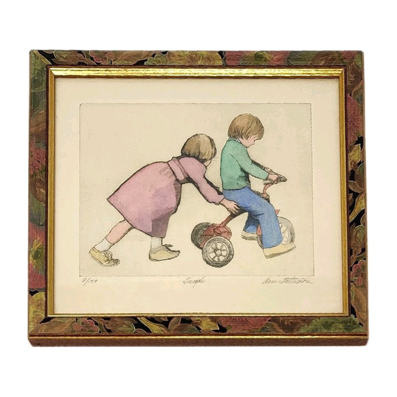 Tricycle Print Signed Matted Framed Numbered 8/150 Drawing Kids Siblings Friends - Picture 1 of 16